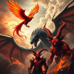 A dramatic scene featuring a majestic phoenix with vibrant red and orange feathers soaring gracefully above a fearsome black dragon with shimmering scales and a glinting gaze