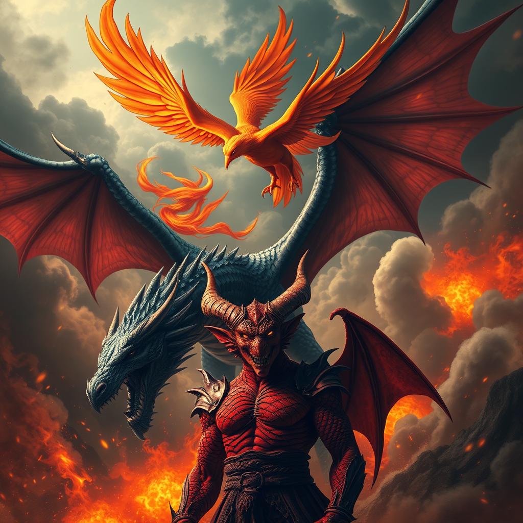 A dramatic scene featuring a majestic phoenix with vibrant red and orange feathers soaring gracefully above a fearsome black dragon with shimmering scales and a glinting gaze