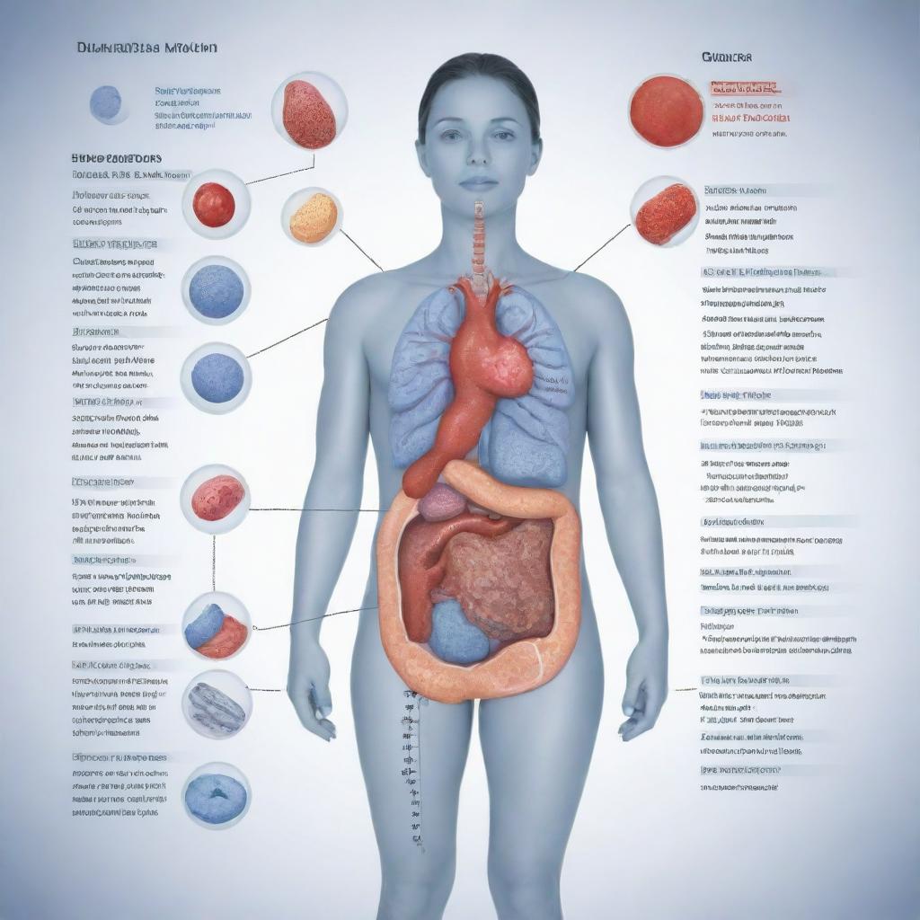 Detailed and accurate diagram of Diabetes Mellitus, showing the role of insulin, the pancreas, and sugar imbalance, all labeled clearly and in an easy-to-understand format, with a touch of artistic design to make it visually appealing.