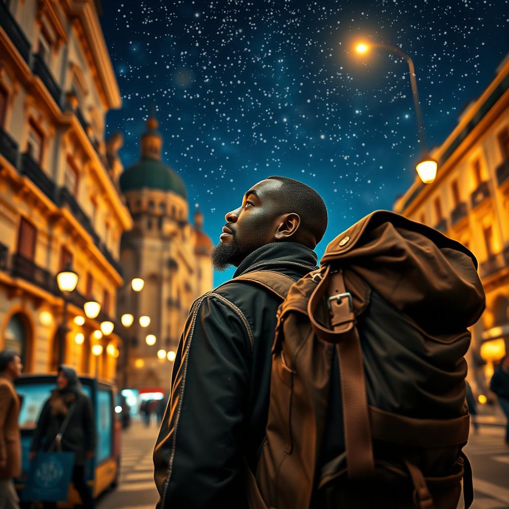 A Black street vendor in Madrid with a large backpack, lost in thought about the Three Wise Men from the East strolling under a starry night sky