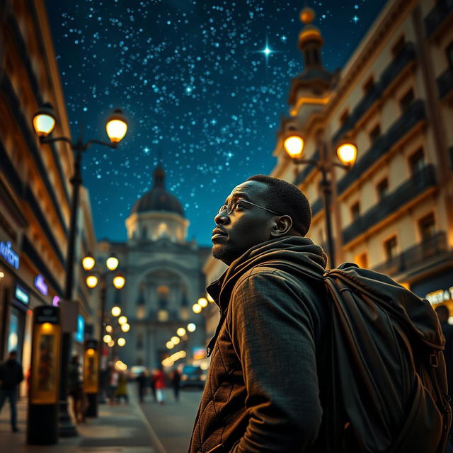 A Black street vendor in Madrid with a large backpack, lost in thought about the Three Wise Men from the East strolling under a starry night sky