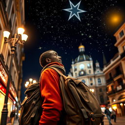 A Black street vendor in Madrid with a large backpack, lost in thought about the Three Wise Men from the East strolling under a starry night sky