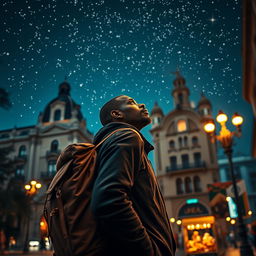 A Black street vendor in Madrid with a large backpack, lost in thought about the Three Wise Men from the East strolling under a starry night sky