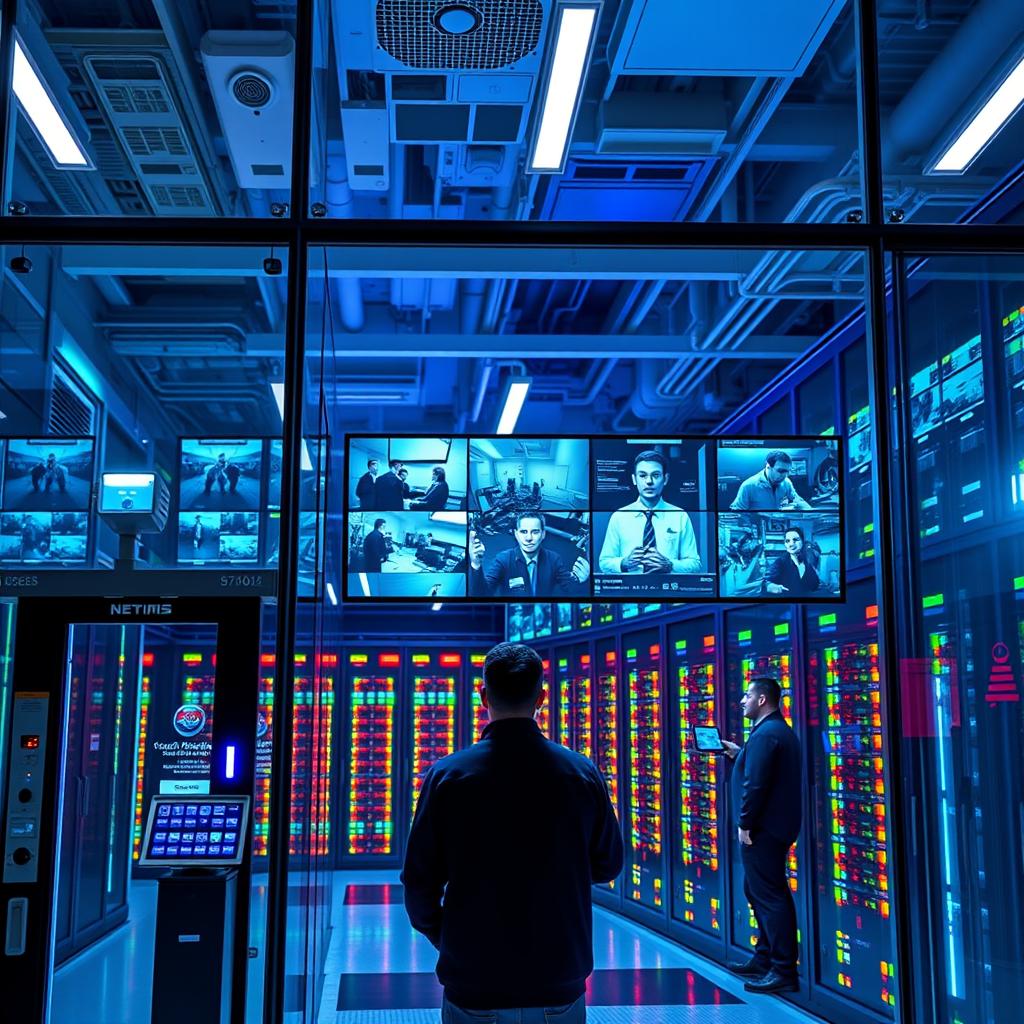 A modern, high-tech smart data center with advanced security features