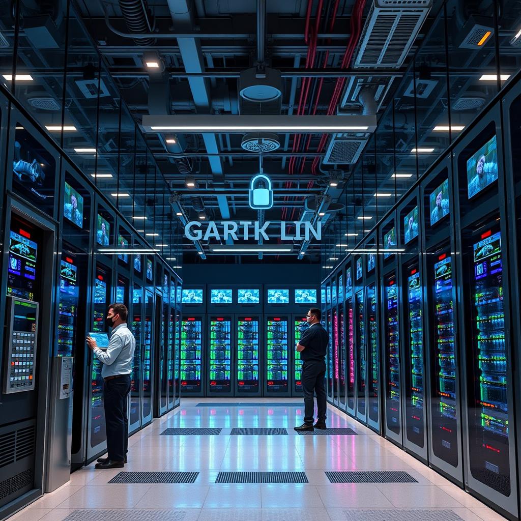 A modern, high-tech smart data center with advanced security features