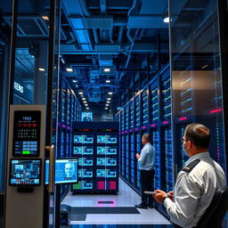 A modern, high-tech smart data center with advanced security features