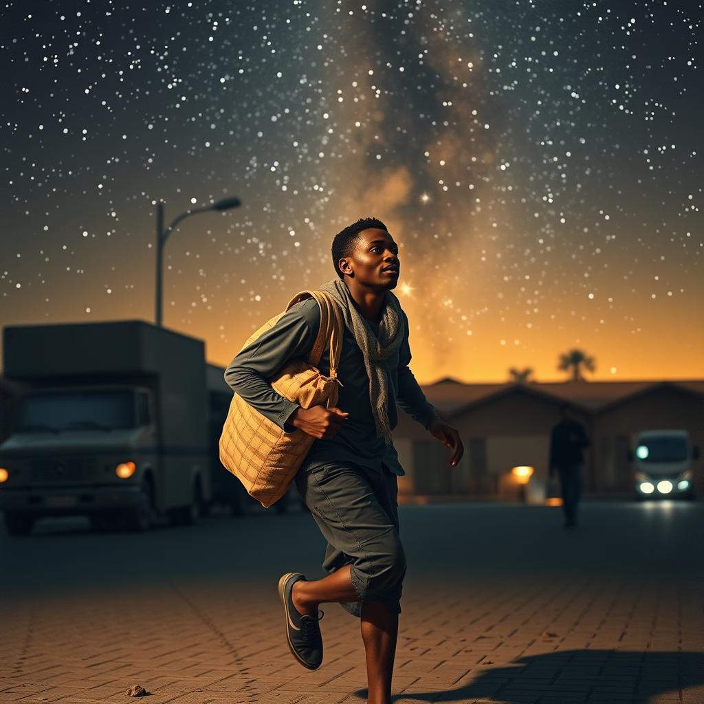 A young black street vendor in Spain, running with a bag of loot slung over his shoulder, deep in thought about the three wise men of the East journeying through the desert under a starry sky