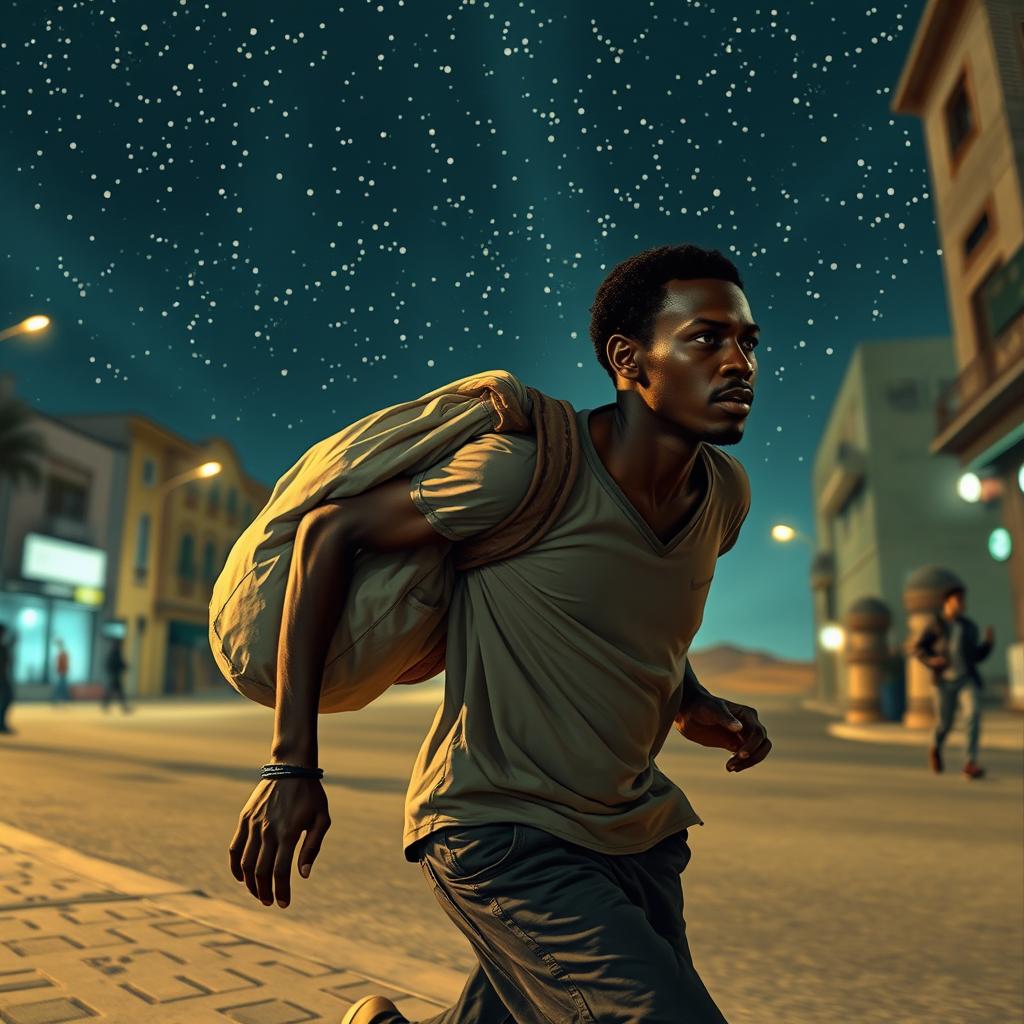 A young black street vendor in Spain, running with a bag of loot slung over his shoulder, deep in thought about the three wise men of the East journeying through the desert under a starry sky