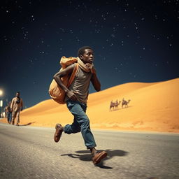 A young black street vendor in Spain, running with a bag of loot slung over his shoulder, deep in thought about the three wise men of the East journeying through the desert under a starry sky