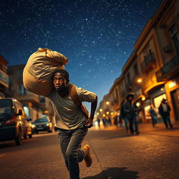 A young black street vendor in Spain, running with a bag of loot slung over his shoulder, deep in thought about the three wise men of the East journeying through the desert under a starry sky