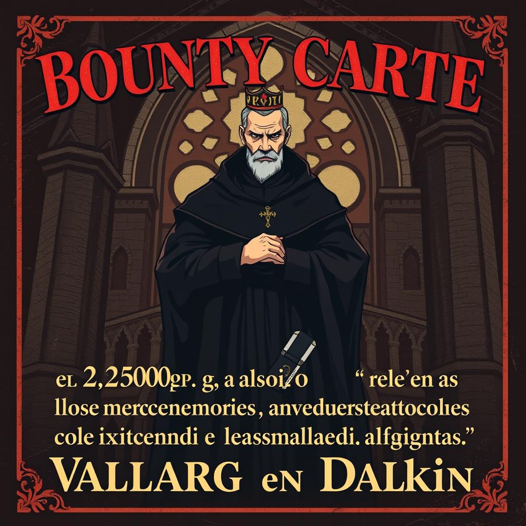 A vintage bounty cartel design featuring an illustrated priest in a dark robe, standing confidently with a stern look