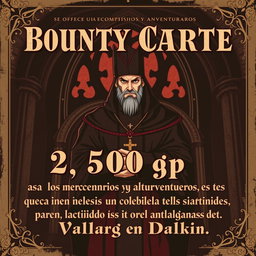 A vintage bounty cartel design featuring an illustrated priest in a dark robe, standing confidently with a stern look