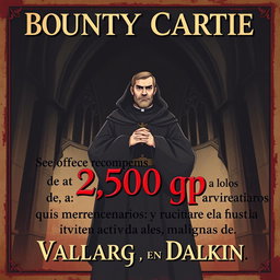 A vintage bounty cartel design featuring an illustrated priest in a dark robe, standing confidently with a stern look