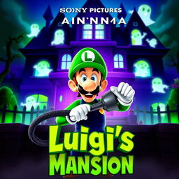 A vibrant and spooky movie poster for the animated film "Luigi's Mansion" produced by Sony Pictures Animation