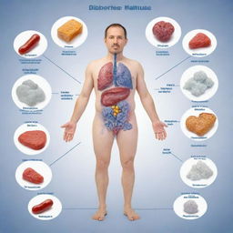 Detailed and accurate diagram of Diabetes Mellitus, showing the role of insulin, the pancreas, and sugar imbalance, all labeled clearly and in an easy-to-understand format, with a touch of artistic design to make it visually appealing.