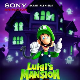 A vibrant and spooky movie poster for the animated film "Luigi's Mansion" produced by Sony Pictures Animation