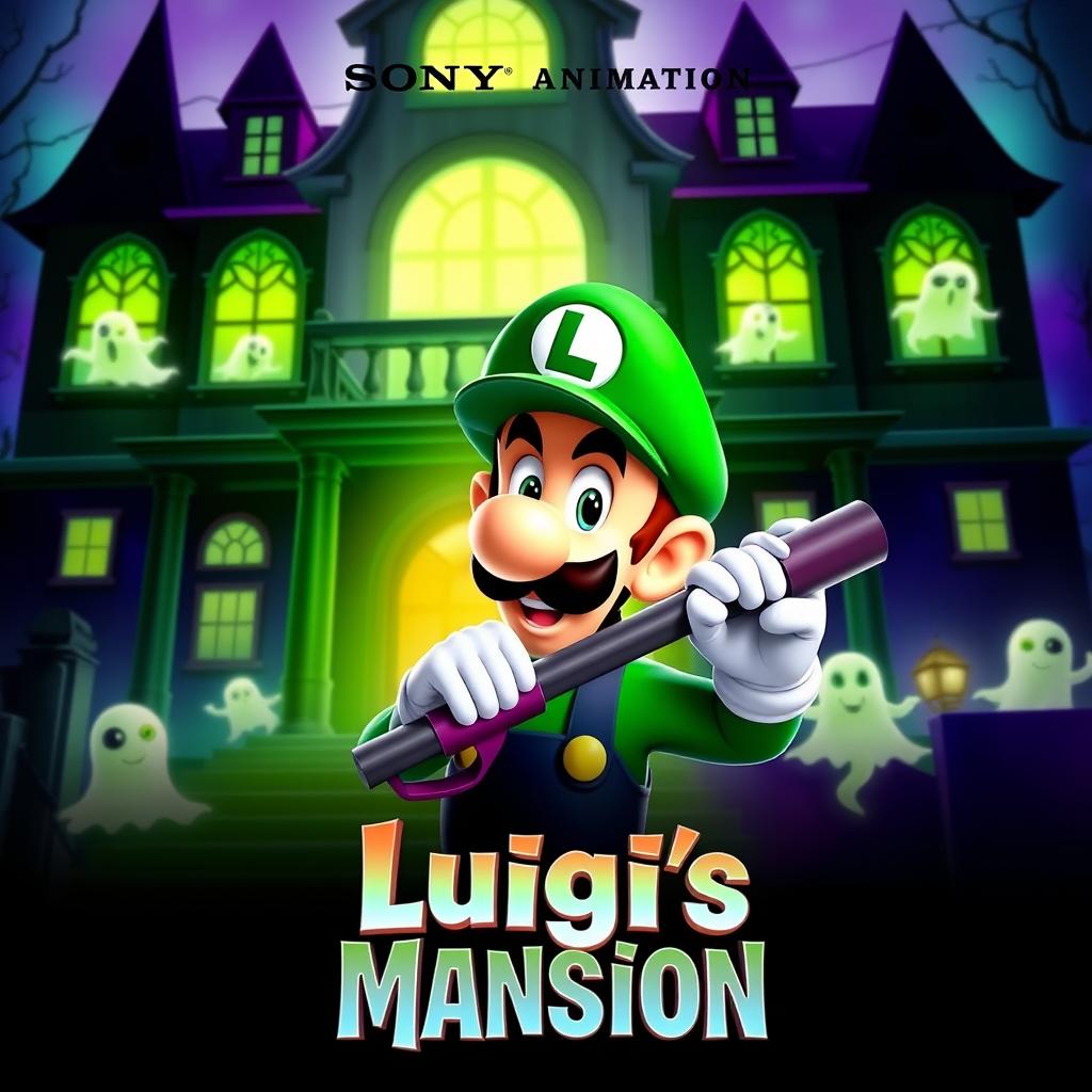 A vibrant and spooky movie poster for the animated film "Luigi's Mansion" produced by Sony Pictures Animation