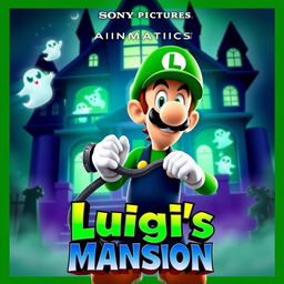 A vibrant and spooky movie poster for the animated film "Luigi's Mansion" produced by Sony Pictures Animation