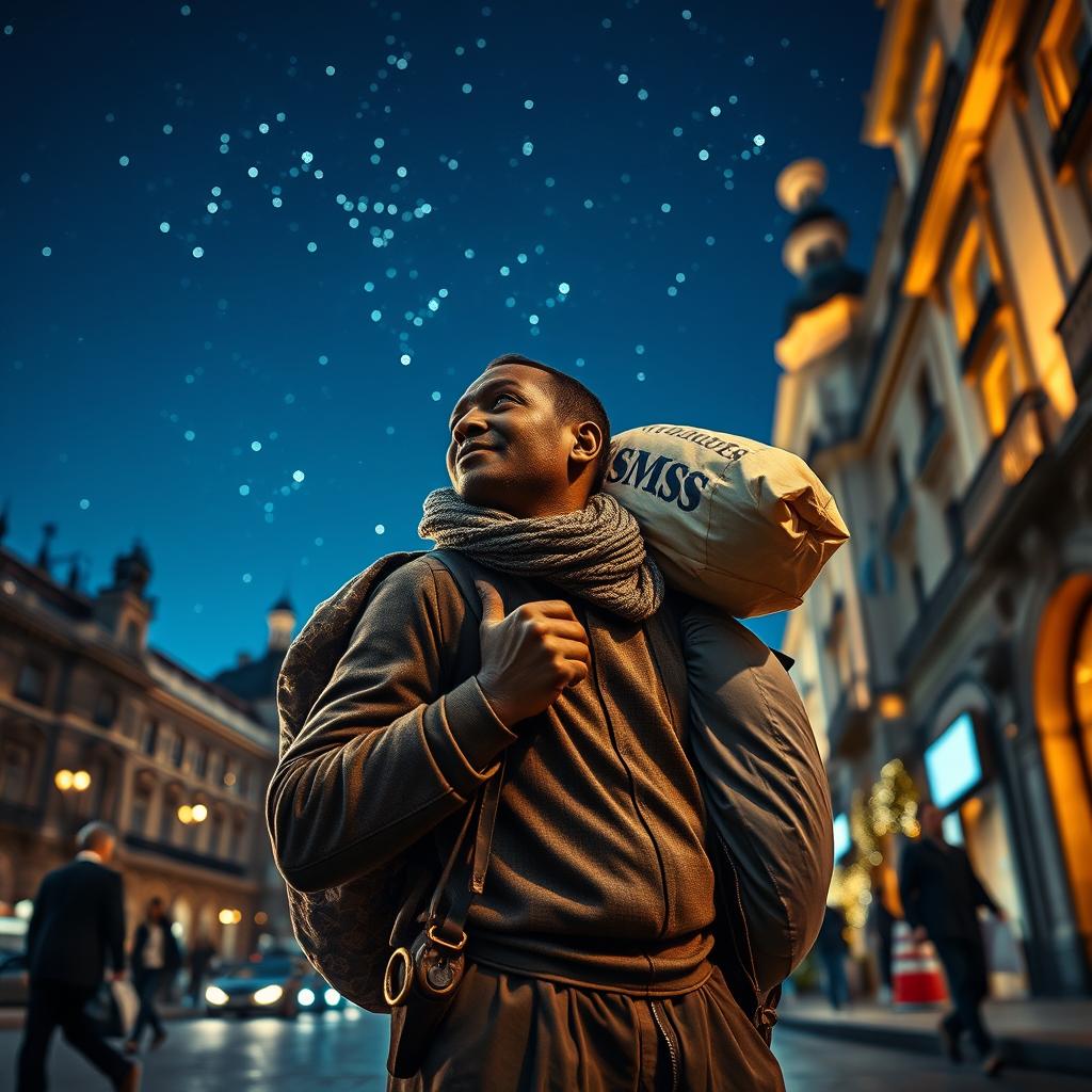 A Black street vendor in Madrid carrying a large bag on his back, lost in thought about the Three Wise Men from the East, walking under a starry sky