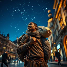 A Black street vendor in Madrid carrying a large bag on his back, lost in thought about the Three Wise Men from the East, walking under a starry sky