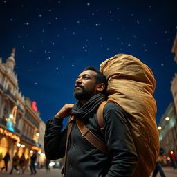 A Black street vendor in Madrid carrying a large bag on his back, lost in thought about the Three Wise Men from the East, walking under a starry sky