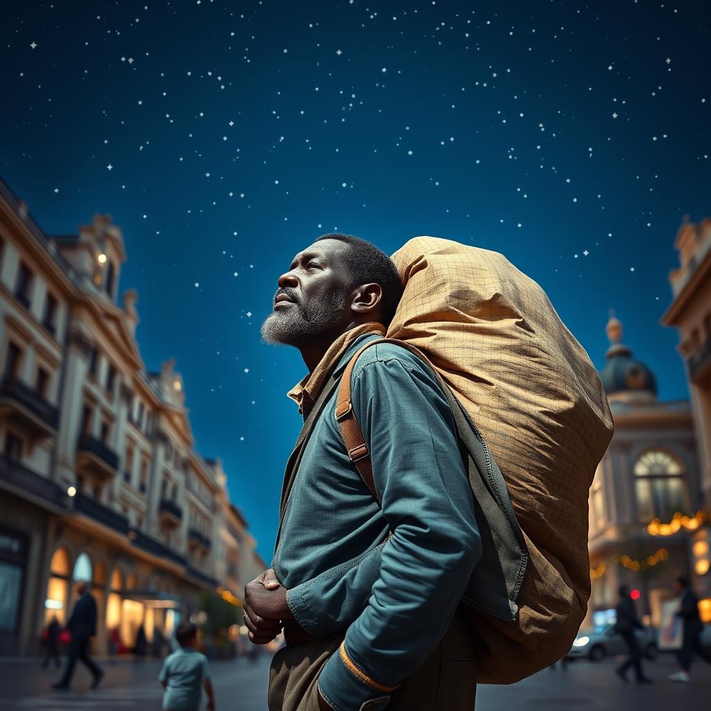 A Black street vendor in Madrid carrying a large bag on his back, lost in thought about the Three Wise Men from the East, walking under a starry sky