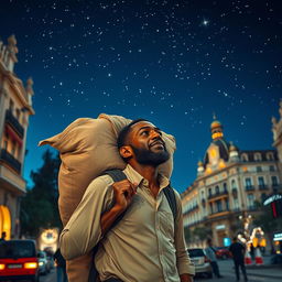 A Black street vendor in Madrid carrying a large bag on his back, lost in thought about the Three Wise Men from the East, walking under a starry sky