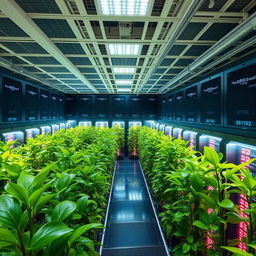 A modern smart data center showcasing advanced energy efficiency technologies, featuring solar panels on the roof, energy storage systems, and cooling systems utilizing innovative designs