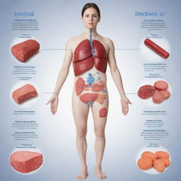 Detailed and accurate diagram of Diabetes Mellitus, showing the role of insulin, the pancreas, and sugar imbalance, all labeled clearly and in an easy-to-understand format, with a touch of artistic design to make it visually appealing.