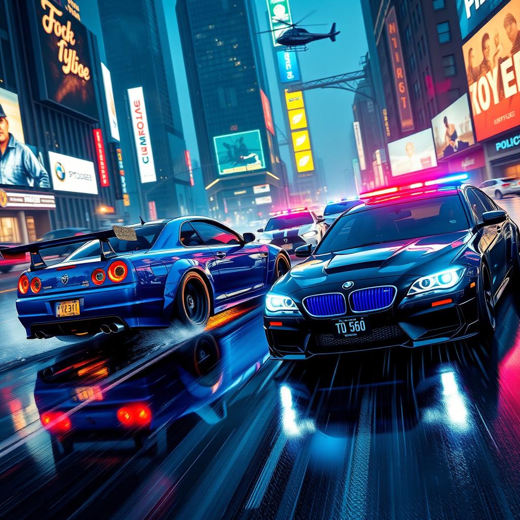 A thrilling scene of a nighttime street race transformed into a police pursuit in a neon-lit urban environment