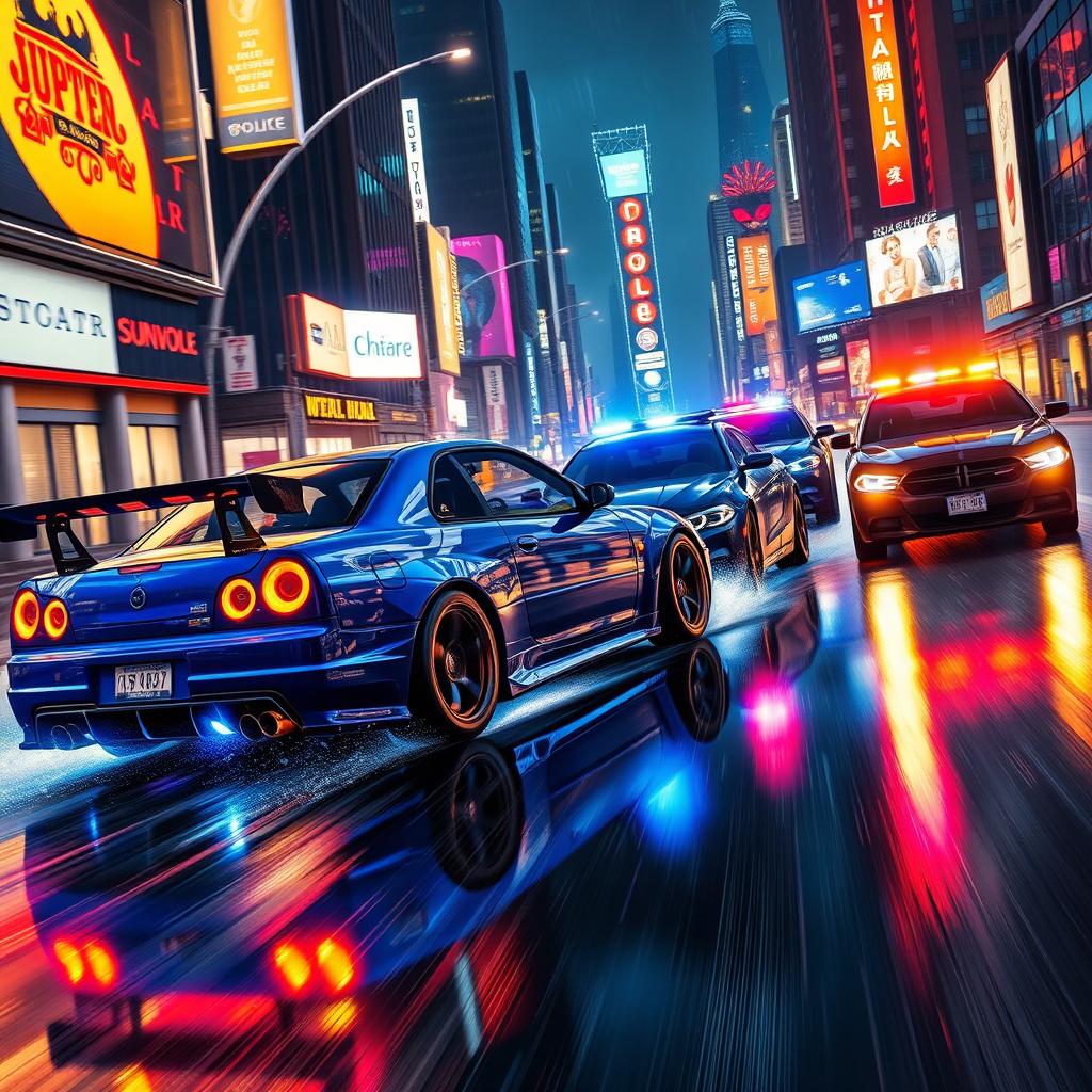 A thrilling scene of a nighttime street race transformed into a police pursuit in a neon-lit urban environment