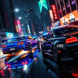 A thrilling scene of a nighttime street race transformed into a police pursuit in a neon-lit urban environment