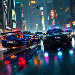 A thrilling scene of a nighttime street race transformed into a police pursuit in a neon-lit urban environment