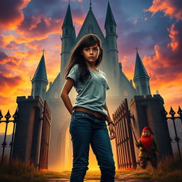 A movie poster scene depicting an Italian girl, 15 years old with long black hair, dressed in modern jeans and a t-shirt, standing resolutely at the gates of a mystical castle