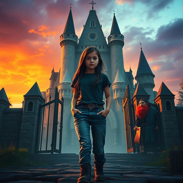 A movie poster scene depicting an Italian girl, 15 years old with long black hair, dressed in modern jeans and a t-shirt, standing resolutely at the gates of a mystical castle