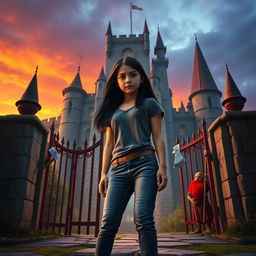 A movie poster scene depicting an Italian girl, 15 years old with long black hair, dressed in modern jeans and a t-shirt, standing resolutely at the gates of a mystical castle