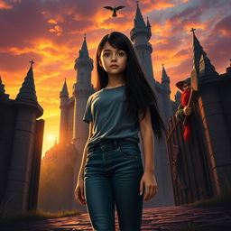 A movie poster scene depicting an Italian girl, 15 years old with long black hair, dressed in modern jeans and a t-shirt, standing resolutely at the gates of a mystical castle