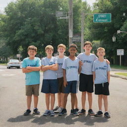 Five young boys standing next to a street sign that reads 'J Street'. The boys are full of energy, ready for an adventure in the soft, submitting light of an easy mid-summer day.