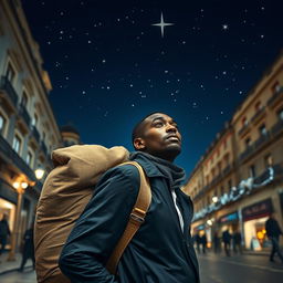 A Black street vendor in Madrid wearing a large bag on his back, deep in thought about the Three Wise Men from the East walking beneath a starry sky