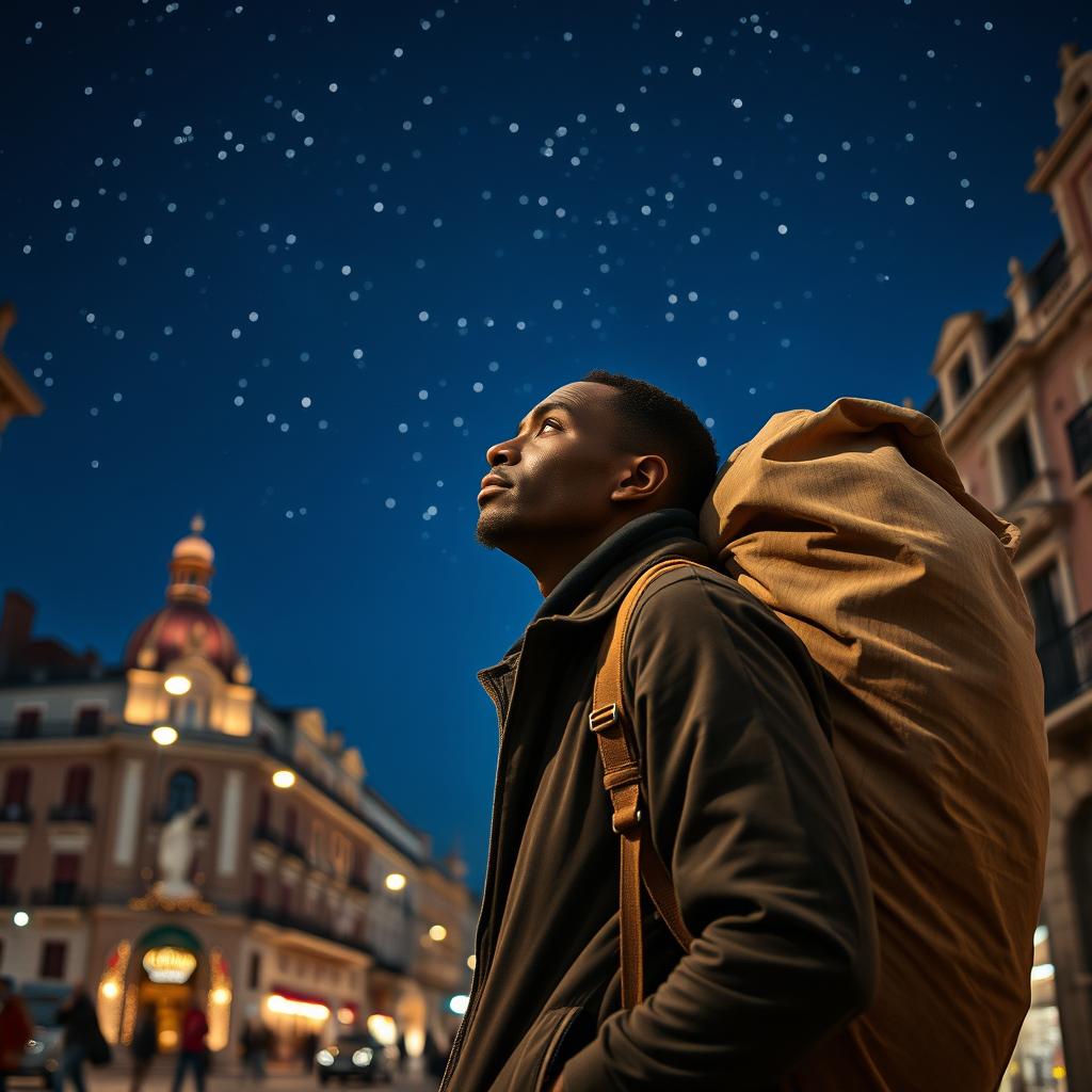 A Black street vendor in Madrid wearing a large bag on his back, deep in thought about the Three Wise Men from the East walking beneath a starry sky