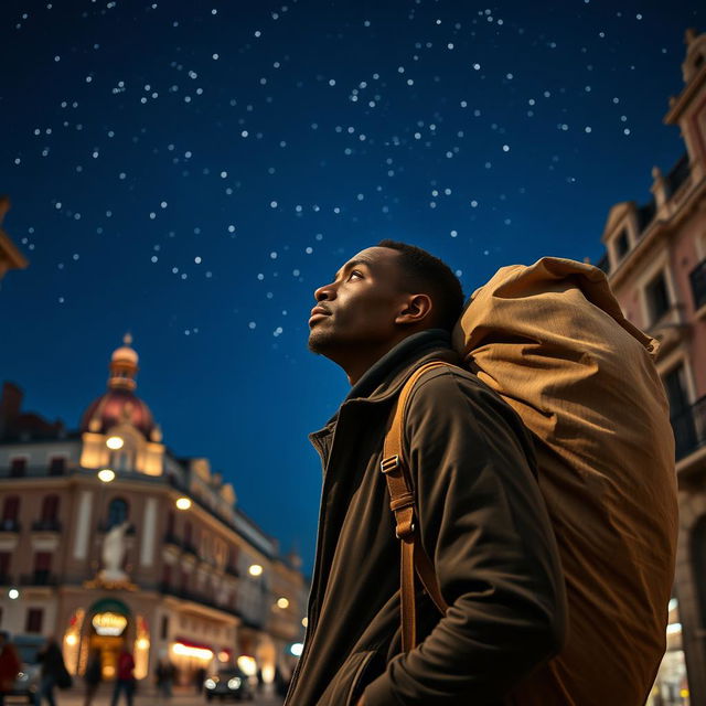 A Black street vendor in Madrid wearing a large bag on his back, deep in thought about the Three Wise Men from the East walking beneath a starry sky