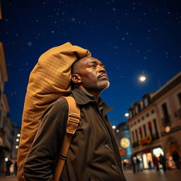 A Black street vendor in Madrid wearing a large bag on his back, deep in thought about the Three Wise Men from the East walking beneath a starry sky