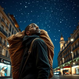 A Black street vendor in Madrid wearing a large bag on his back, deep in thought about the Three Wise Men from the East walking beneath a starry sky