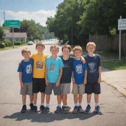 Five young boys standing next to a street sign that reads 'J Street'. The boys are full of energy, ready for an adventure in the soft, submitting light of an easy mid-summer day.