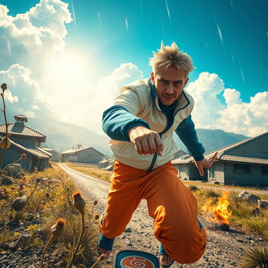 Cinematic composition depicting Satoru Gojo from Jujutsu Kaisen