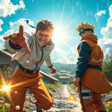 Cinematic composition depicting Satoru Gojo from Jujutsu Kaisen