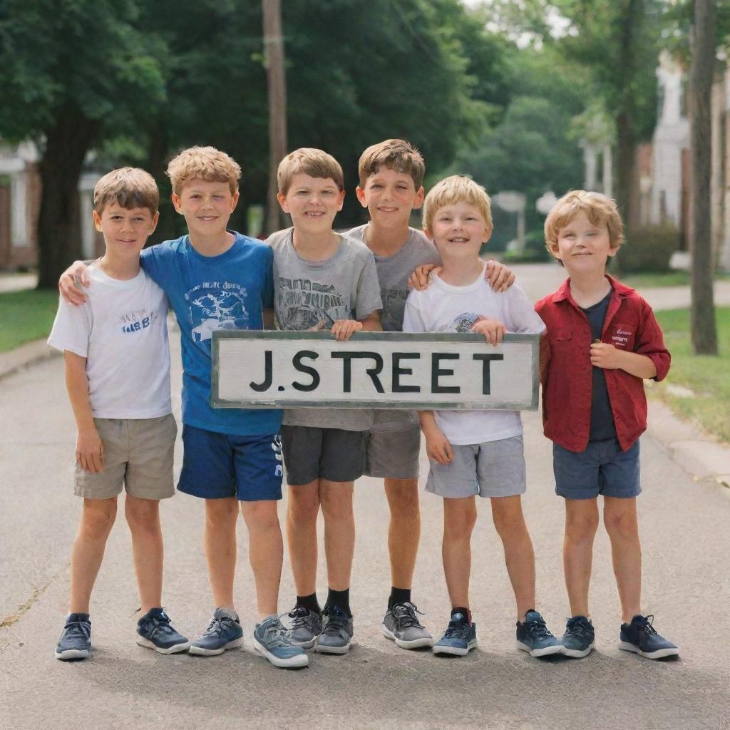 Five young boys standing next to a street sign that reads 'J Street'. The boys are full of energy, ready for an adventure in the soft, submitting light of an easy mid-summer day.