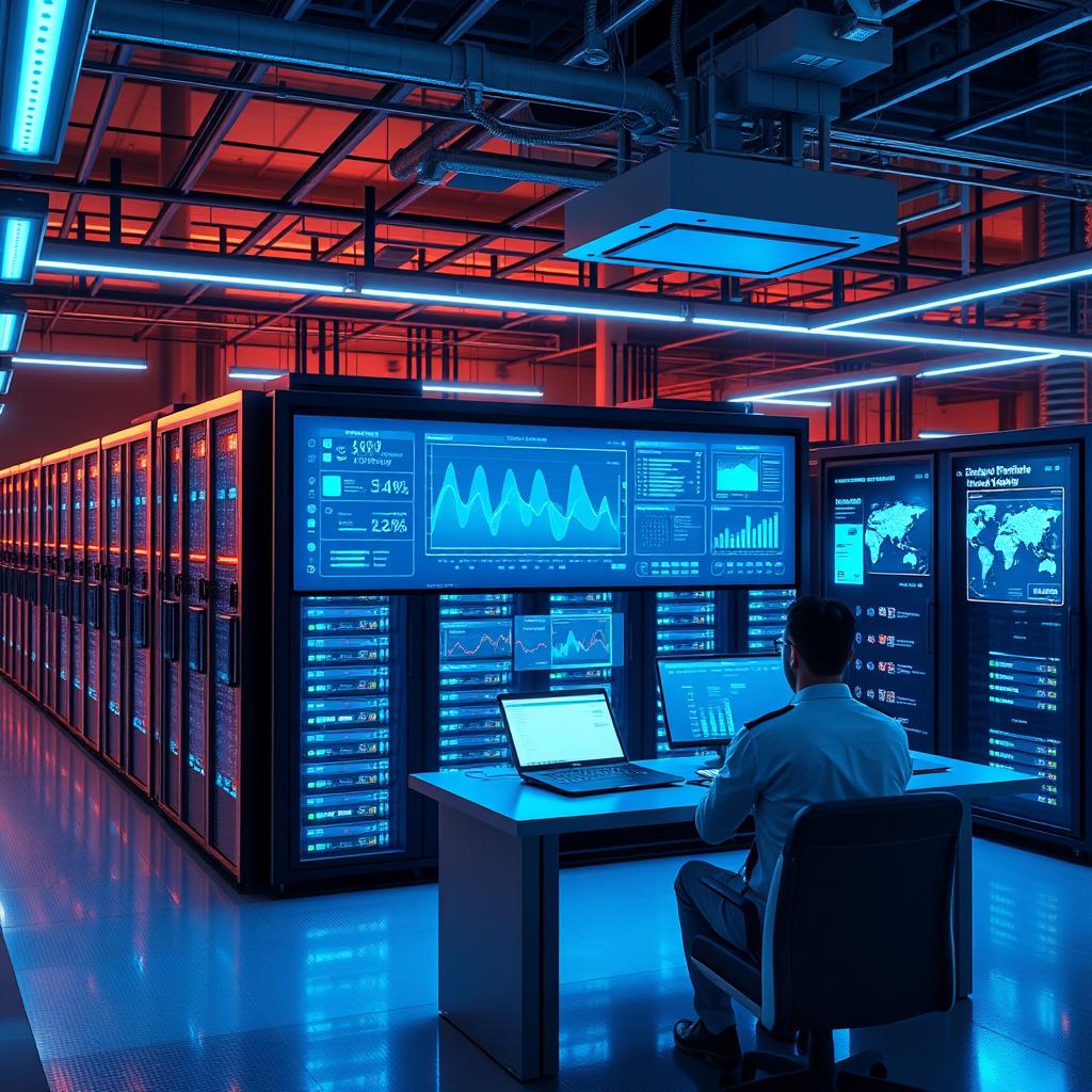 A modern smart data center environment showcasing advanced monitoring and management technology