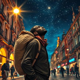 A black street vendor in Madrid, carrying a large bag on his back, lost in thought about the Three Wise Men from the East