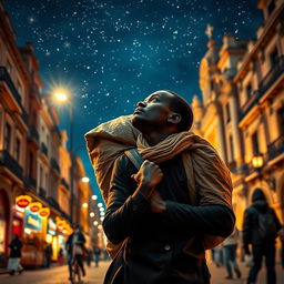 A black street vendor in Madrid, carrying a large bag on his back, lost in thought about the Three Wise Men from the East